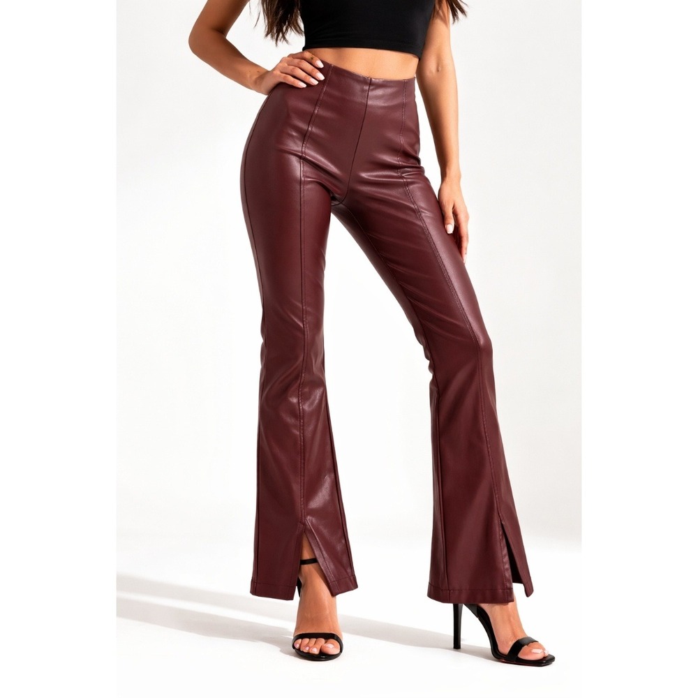 Easel Womens Faux Leather Flare Slit Hem Pants Size Large Burgundy High Rise